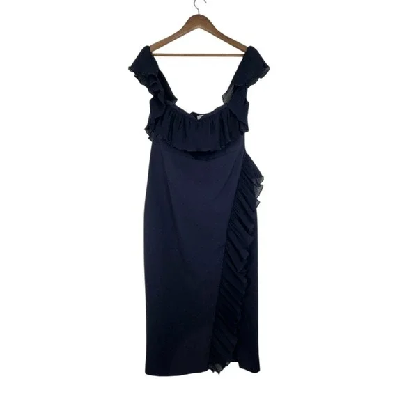 Likely Navy Blue Ruffle Off Shoulder‎ Midi Dress Formal Evening Gown Size 12 - Picture 3 of 16